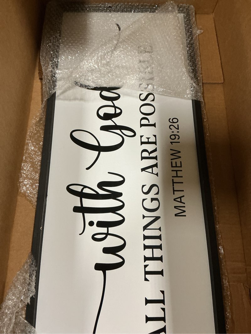 Condition photo showing As Is for comurdyo With God All Things are Possible Wall Decor 40"X15" Matthew 19:26 Sign Bible Verse Large Wooden Framed Christian Scripture Prayer Wall Hanging Art (Black) 40"L x 15"W With God All Things are Possible?Black)