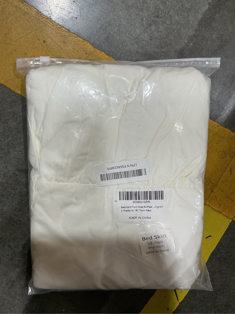 Condition photo showing New/Like New for bed skirt twin size ruffled bed skirt with split corners, ivory bed skirts 16 inch drop, bed skirting with platform, 16'' twin ivory 16''twin