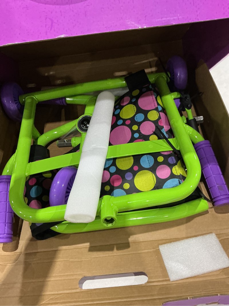 Condition photo showing Good Condition for go kart, swing side-to-side for amazing ride, powered by zig-zag motion, rides on any hard surface (indoors and outdoors) polka dots