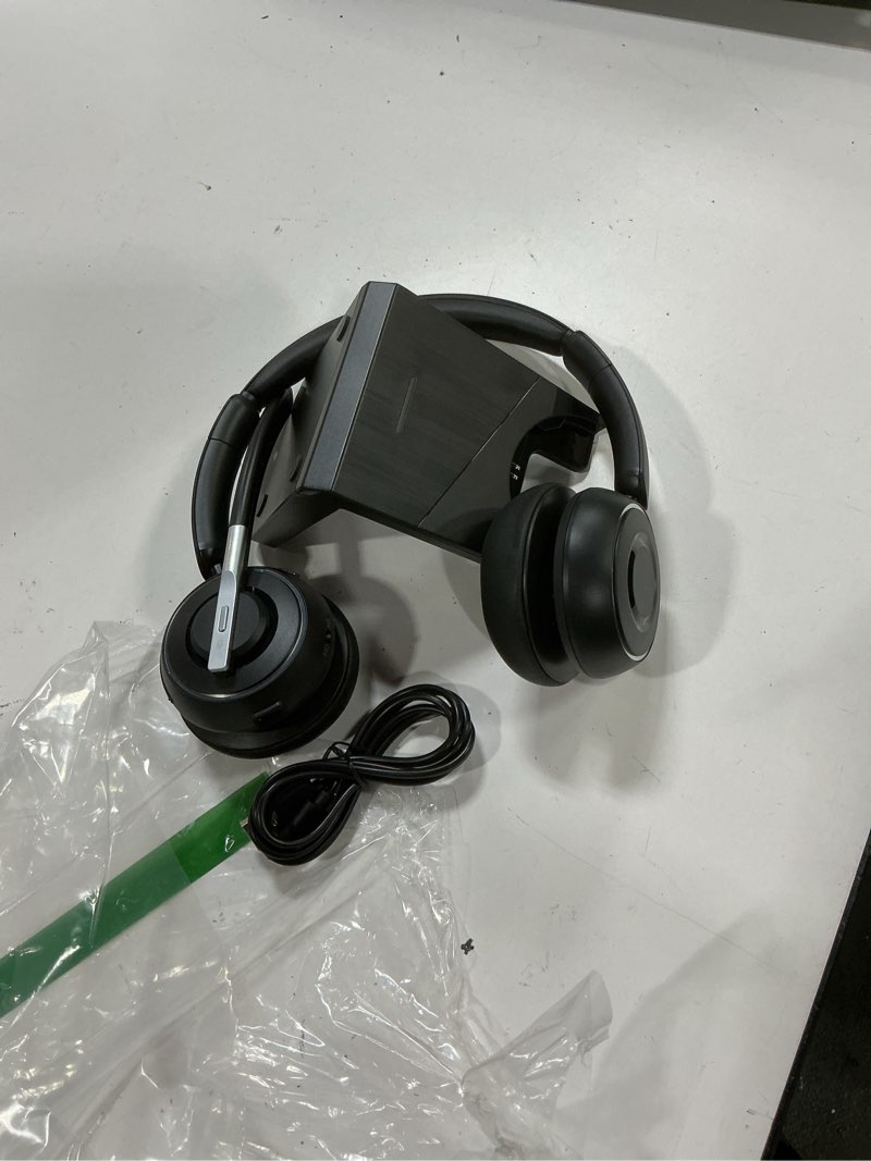 Condition photo showing As Is for (2025 upgraded) wireless headset with mic for work, bluetooth headset with noise canceling microphone with dongle, charging base & mic mute, wireless headphones for work from home/pc/computer black