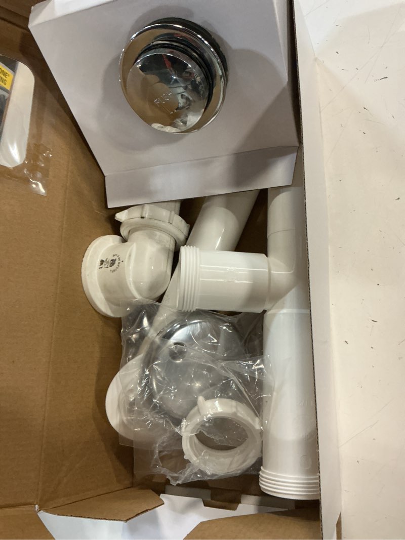 Condition photo showing As Is for dearborn p8227bg full kit, plastic tubular - white uni-lift stopper w/ chrome finish trim zinc drain unit, 2 hole faceplate