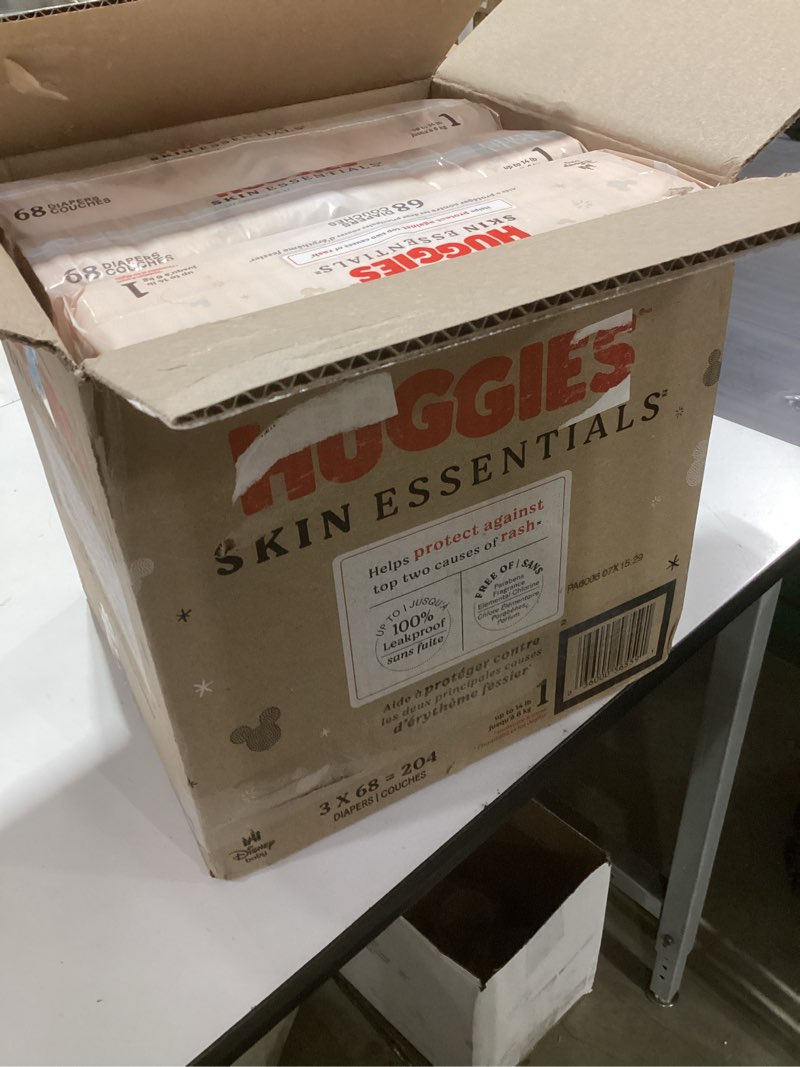 Condition photo showing New/Like New for huggies size 1 diapers, skin essentials baby diapers, size 1 (8-14 lbs), 204 count (3 packs of 68), packaging may vary size 1 204