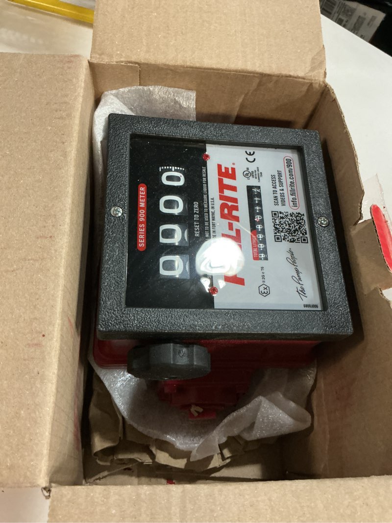 Condition photo showing As Is for fill-rite 901cl 1" 23-151 lpm 4-digit mechanical fuel transfer meter in liters - extreme accuracy me
