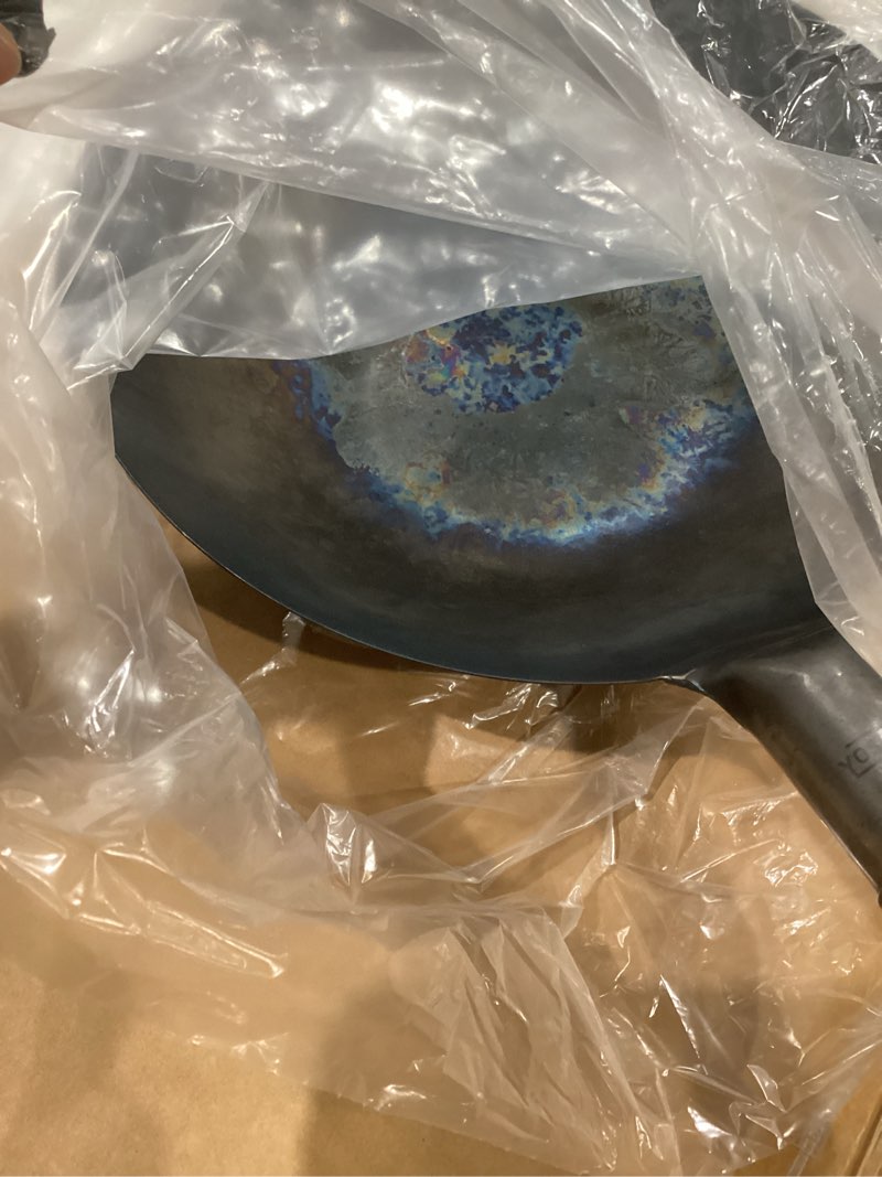 Condition photo showing As Is for YOSUKATA 13.5” Blue Carbon Steel Wok Pan – Pre-Seasoned Flat Bottom Wok Compatible with open fire, gas, electric, ceramic, induction cooktops -Traditional Chinese Pan for Stir Fry, BBQ, Grill, Camping