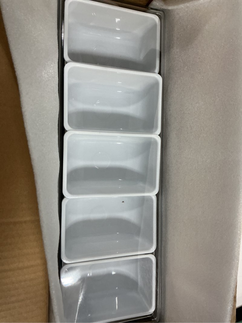 Condition photo showing Good Condition for Mifoci 1 Pack Stainless Steel Chilled Condiment Server 5 Removable Slot Toppings Containers with Lid and Bottom Ice Bar Garnish Tray with 9 Silverwares 4 Ice Boxes for Christmas Party, Events and Bar 1 5 Slot