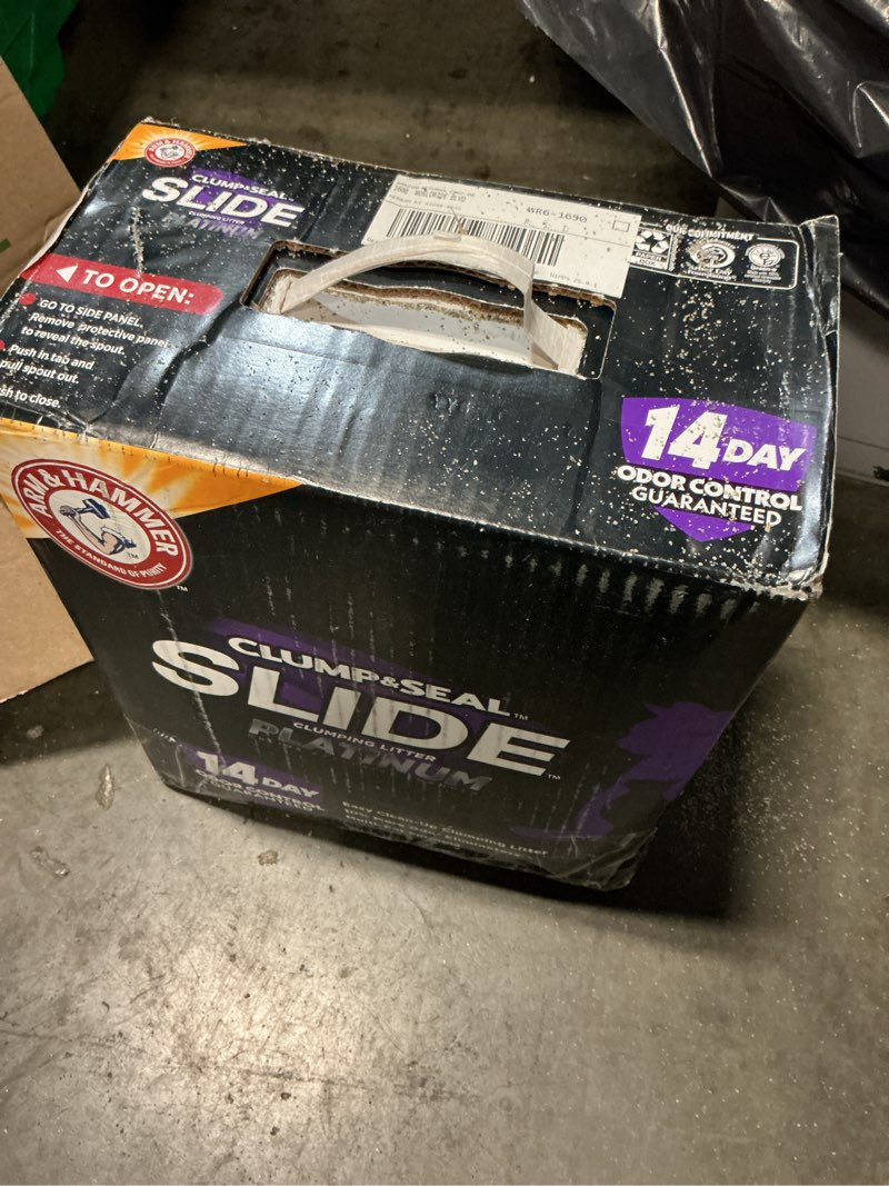 Condition photo showing As Is for arm & hammer clump & seal slide platinum multi-cat clumping cat litter, easy clean technology with no scrubbing, 14-day odor control, 37 lbs slide platinum clumping litter