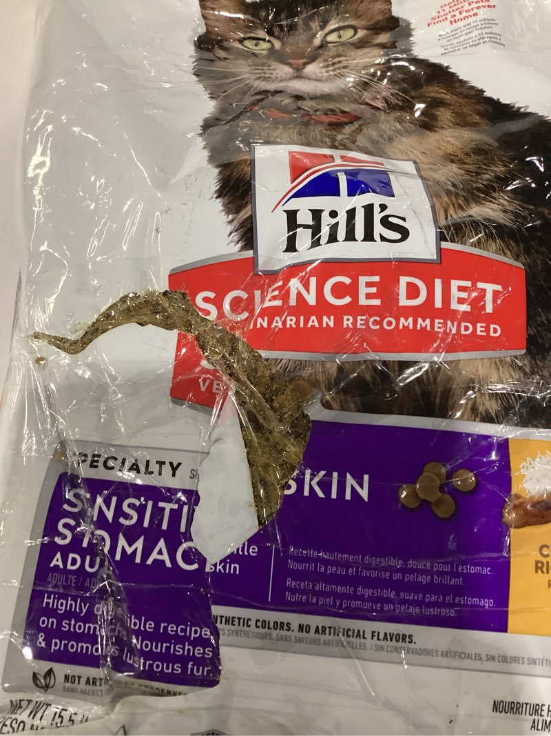Condition photo showing As Is for Hill's Science Diet Adult 1-6 Sensitive Stomach & Skin Dry Cat Food, Chicken & Rice, 15.5 lb. Bag (Updated Formula) Chicken & Rice 15.5 Pound (Pack of 1)