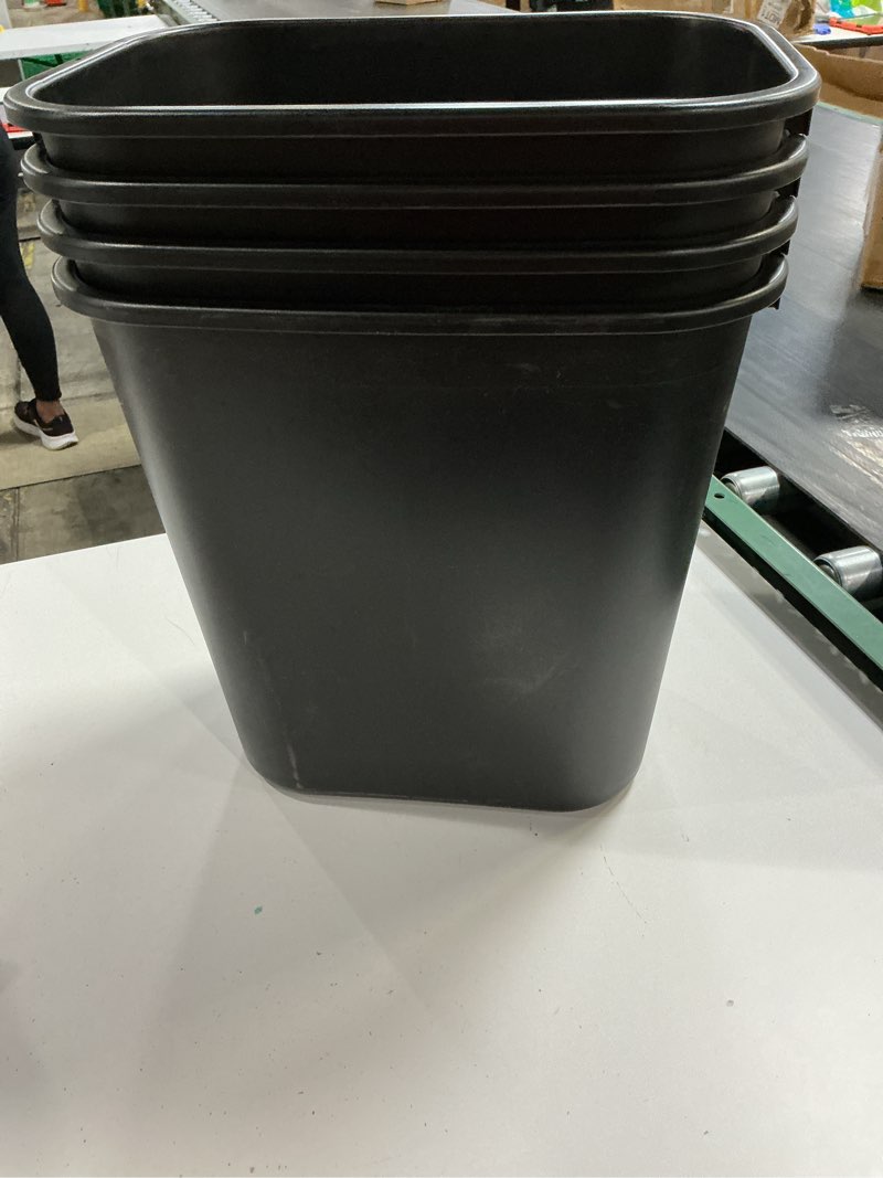 Condition photo showing New/Like New for rubbermaid commercial products wastebasket/trash can, 7-gallon/28-quart, black, plastic, for bedroom/bathroom/office, fits under desk/sink/cabinet, pack of 4