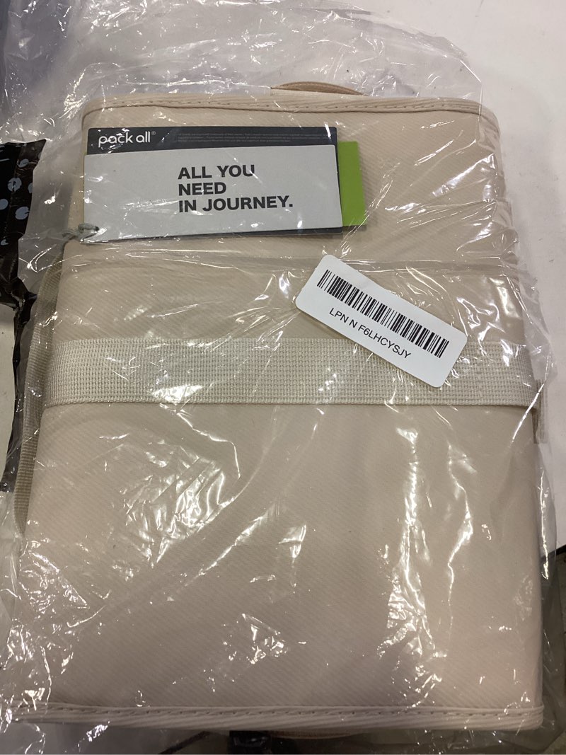 Condition photo showing New/Like New for pack all hanging travel toiletry bag, compact size, coated knitted fabric | water-resistant, wet & dry separation, 360° swivel hook, multiple compartments, stores toiletries & accessories, light beige
