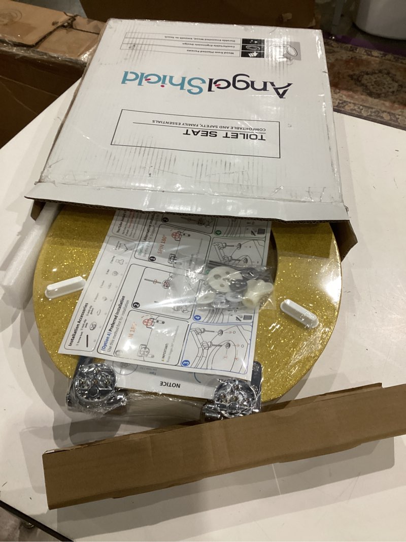 Condition photo showing New/Like New for angol shiold glitter toilet seat molded wood round toilet seat with quietly close and quick release hinges, easy to install also easy to clean (round 16.5'', gold) round 16.5‘’ gold