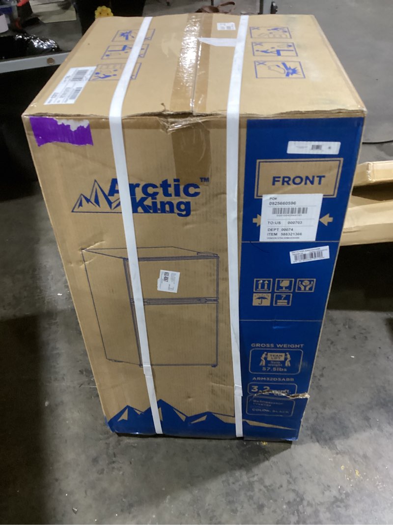 Condition photo showing New/Like New for arctic king 3.2 cu ft two door mini fridge with freezer  black  e-star  arm32d5abb