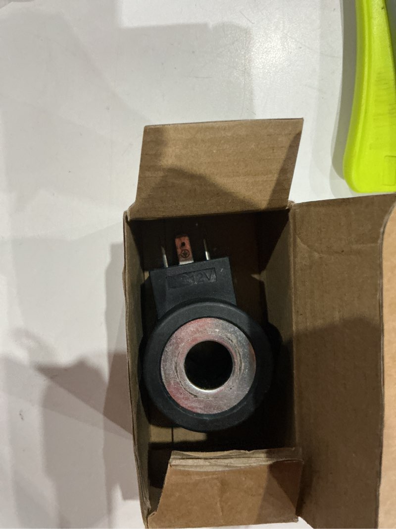 Condition photo showing As Is for 12v 5/8" hole solenoid valve coil 6356012 3-prong din connector compatible with hydraforce stems 10 12 16 38 58 series