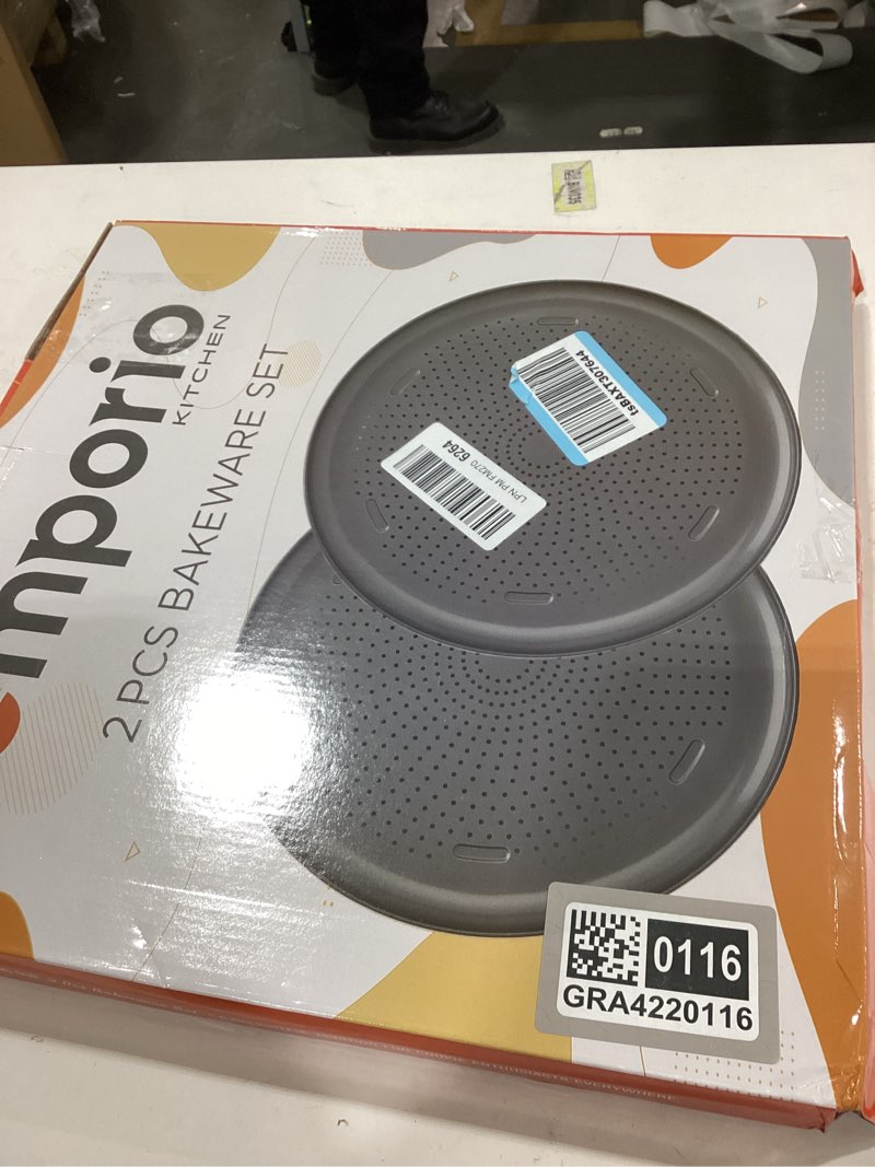 Condition photo showing Good Condition for Emporio Kitchen Non-Stick Pizza Pan 2 Pack – 16 Inch Round Carbon Steel Pizza Tray with Perforated Holes, PFOAPFOSPTFE-Free, Dishwasher & Oven Safe Up To 450°F, Durable Nonstick Silver Coating Silver 2 Pack