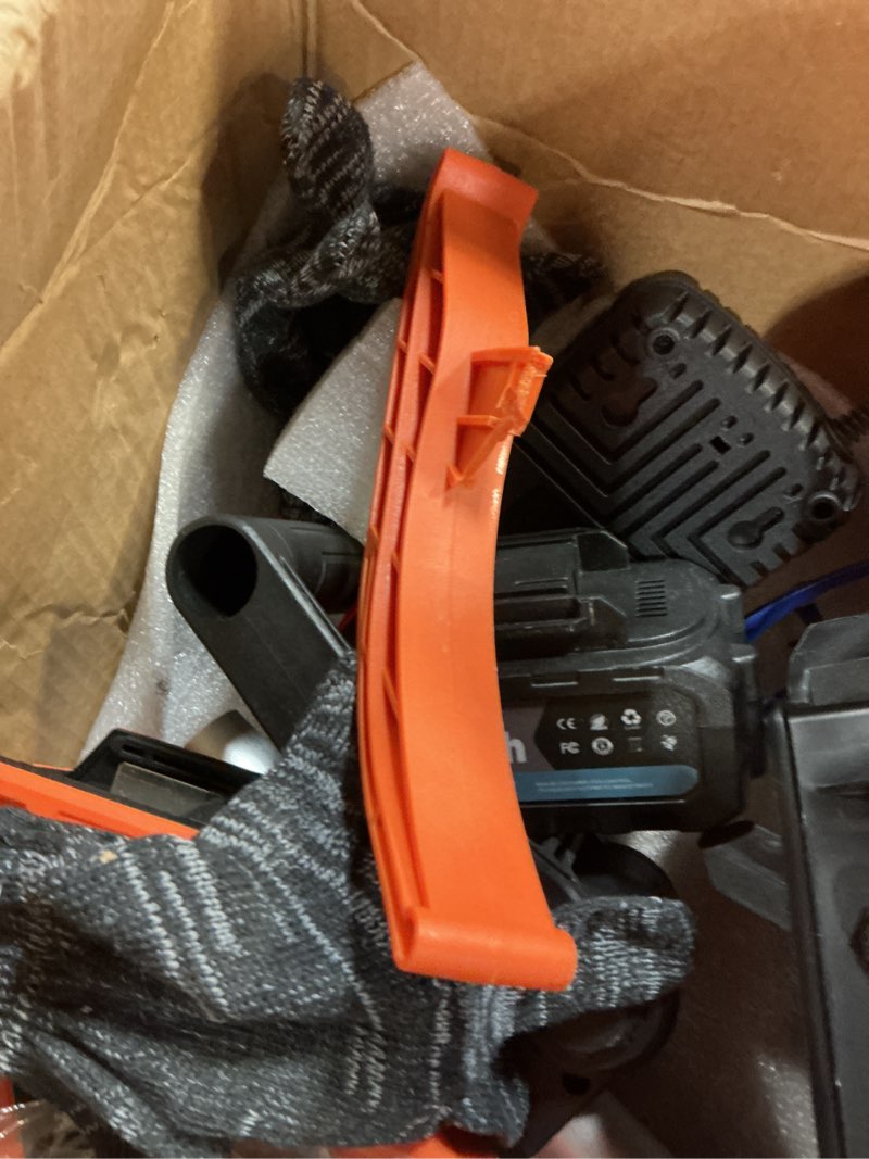 Condition photo showing As Is for Cordless Snow Shovel, Electric Snow Shovel 12" Width 6.7" Depth Cleaning and 20ft Throwing Distance, 4 Ah 21V Battery Brushless Snow Mover with Adjustable Front Handle for Driveway, Steps, Patio Orange