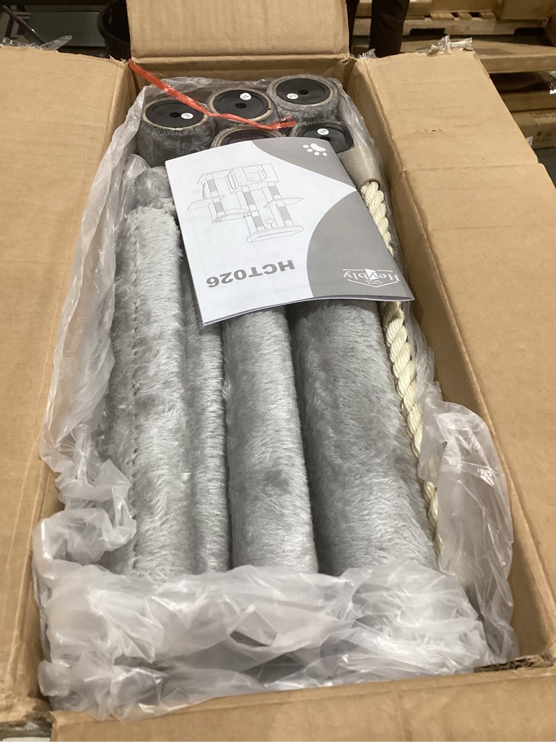 Condition photo showing As Is for heybly heavy duty cat tree, tower for indoor cats large adult, tall cat condo house with extra-large baseboard, multi-level plush furniture with scratching posts, hammock,toy balls,light gray hct026w l light gray