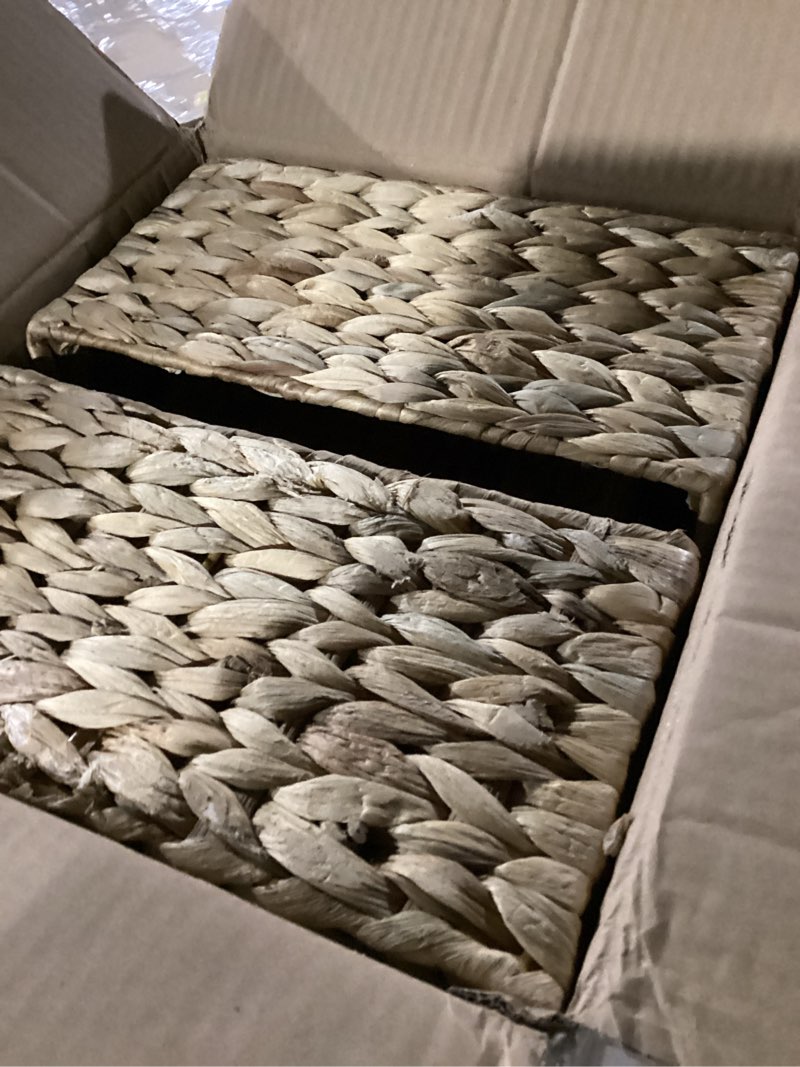 Condition photo showing New/Like New for barien 6 pcs 12" x 9" x 6" natural water hyacinth woven storage baskets, rectangular wicker basket with built-in handles, woven cube storage bin with chalkboard label chalk marker (natural - set of 6)