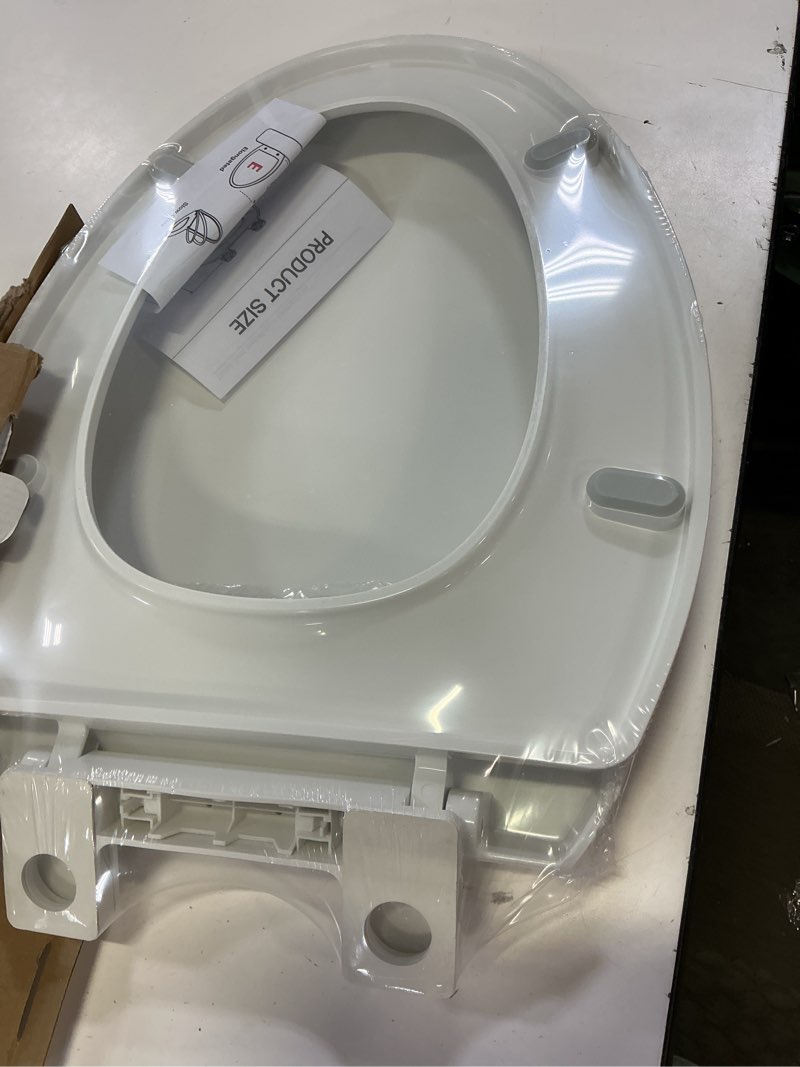 Condition photo showing New/Like New for elongated toilet seat, 18.5” soft/slow close oval (oblong) toilet seat for elongated toilets, no-slam quiet-close lid, easy-to-install & clean, durable never-loosen white plastic seat white elongated(oval)