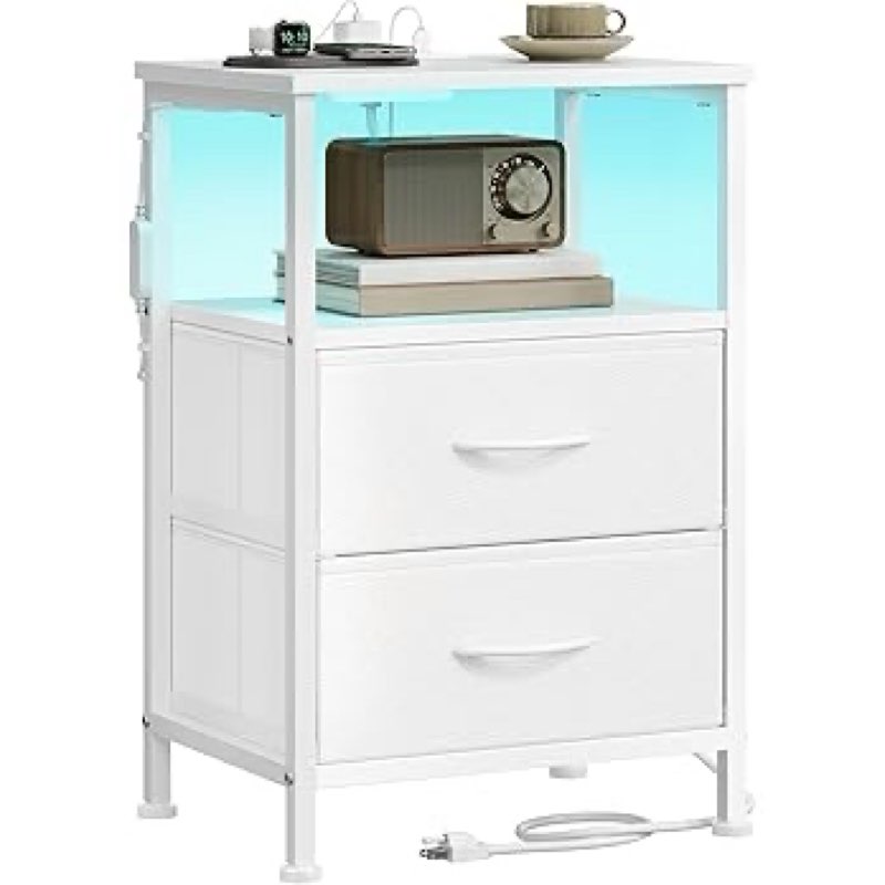 songmics bellah collection - nightstand with charging station and app-controlled adjustable led lights, bed side table, 2 drawer and 1 open shelf, bedroom, cloud white and snow white ulgs302wh01s