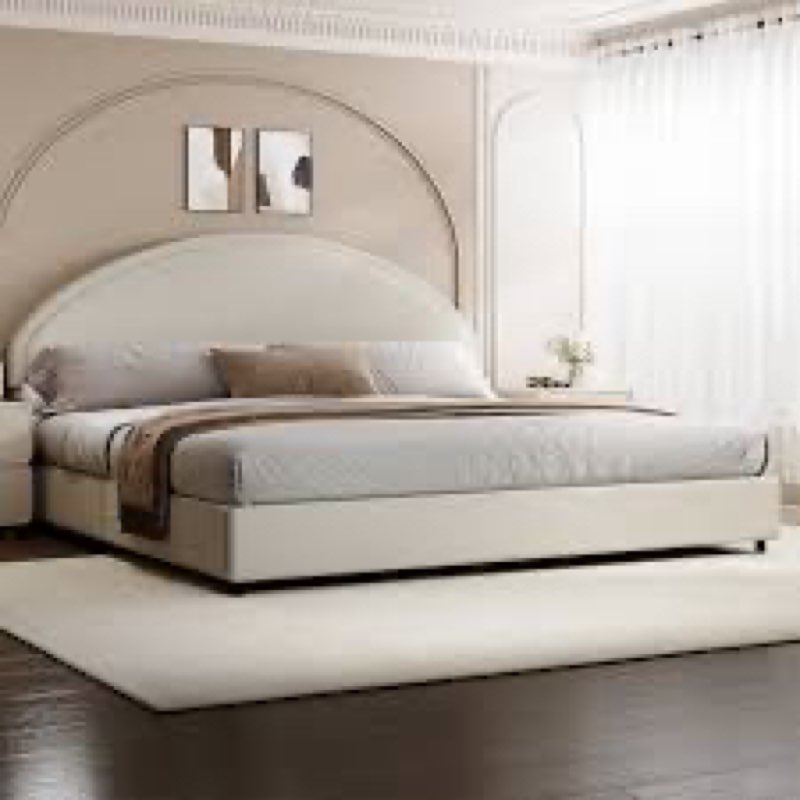 Boucle Upholstered Platform Bed Frame, Soft Bed Frame with Round Headboard, No Box Spring Required INCOMPLETE 