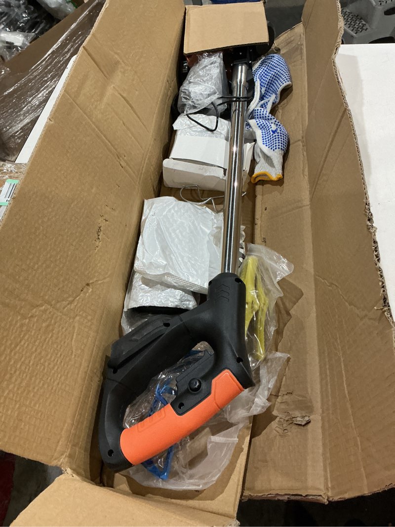 Condition photo showing As Is for electric weed wacker cordless stringless,grass trimmer,with 2 batteries, 1 charger, 3types blades, weed wacker eater battery powered lightweight battery weed trimmer for yard and garden black