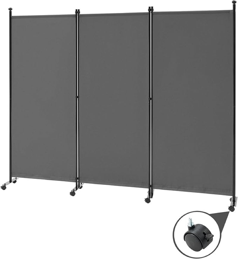 spurgehom 3 panel rolling room divider, folding partition privacy screens, freestanding fabric room panel, portable folding wall divider for office, room, restaurant, hospital (grey)