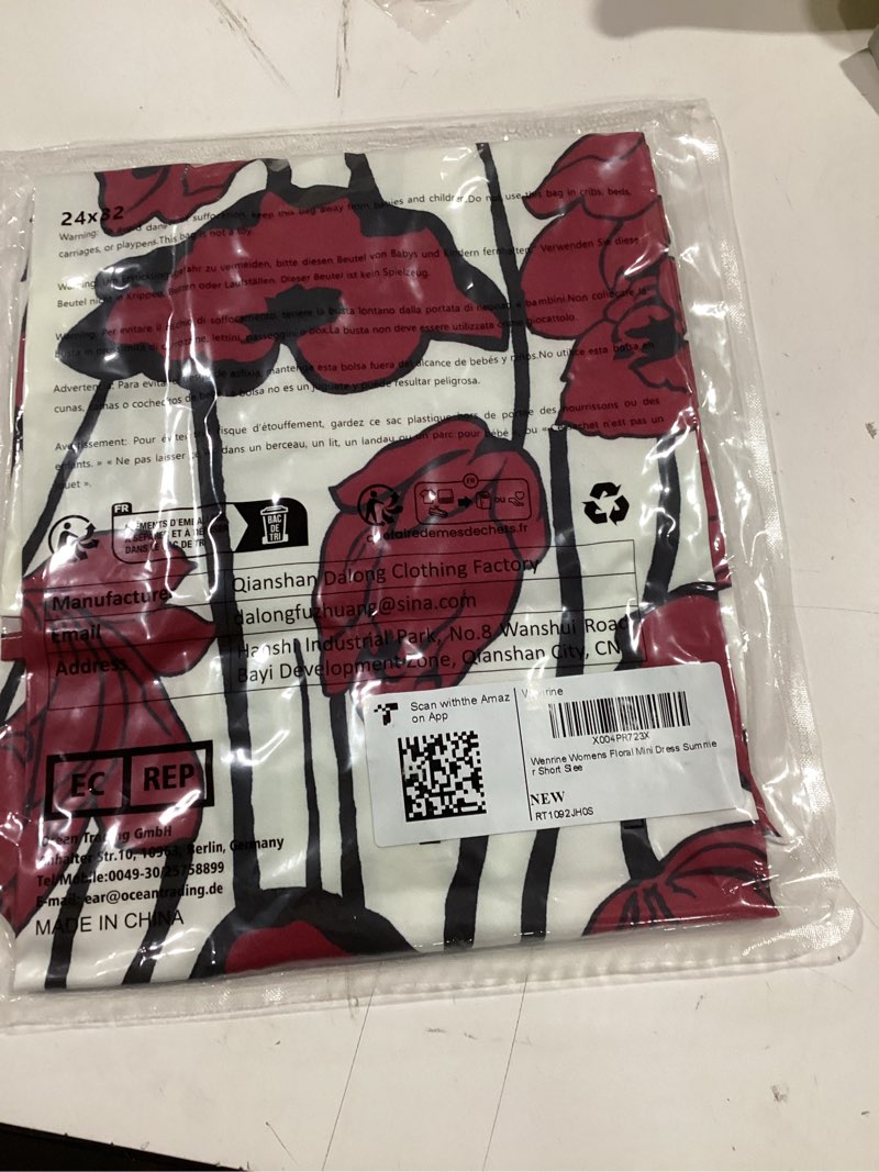 Condition photo showing As Is for Wenrine Womens Summer Casual Floral Mini Dress Short Sleeve Pleated Front Loose Beach Tunic Dresses with Pockets Rose Red Small