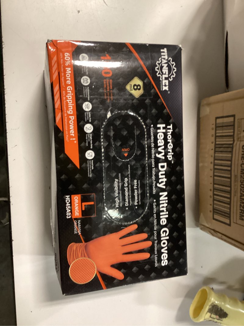 Condition photo showing New/Like New for TitanFlex Thor Grip Heavy Duty Industrial Orange Nitrile Gloves with Raised Diamond Texture, 8-mil, Latex Free, Powder Free 100 Large (Pack of 100)