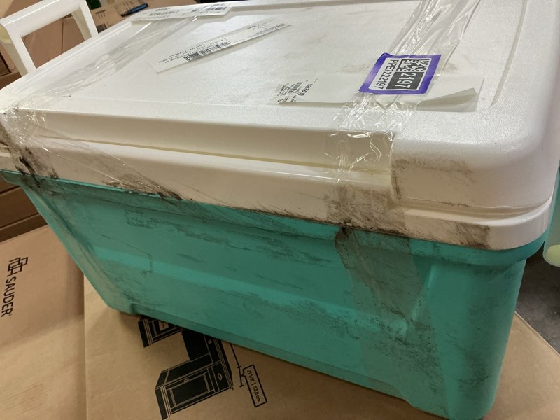 Condition photo showing As Is for igloo 48 qt laguna hard-sided ice chest cooler, aqua blue and white