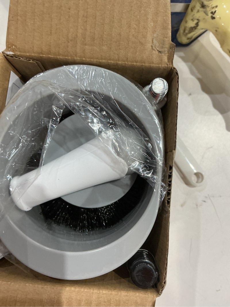 Condition photo showing Good Condition for compact toilet brush & holder, stainless steel handle, space saving for storage, deep cleaning, drip-proof, easy to assemble, nylon bristles, white & grey white & grey 1 pack