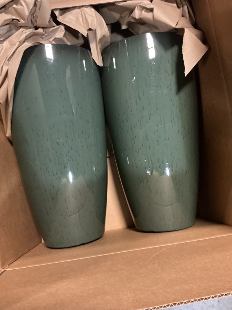 Condition photo showing Good Condition for set of 2 lightweight ceramic-look tall planter, 21 inch large plastic planter with drain hole & saucers, large outdoor planters for porch, garden, patio, balcony(dark green) dark green round