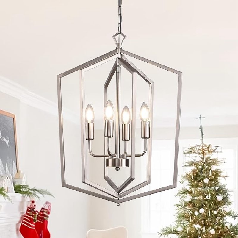 18.1\" Modern Chandelier, 4-Light Geometric Ceiling Pendant Light Fixture, Modern Foyer Lighting Fixt Rose Gold 