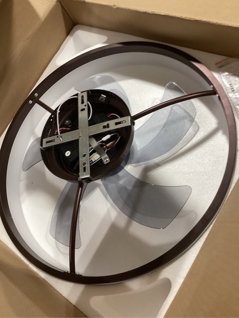 Condition photo showing As Is for VOLISUN Low Profile Ceiling Fans with Lights and Remote, 19.7in Fandelier Ceiling Fan Flush Mount, 3000K-6500K Smart Bladeless LED Fan Light, Brown Modern Ceiling Fans with Lights for Bedroom Brown 19.7 INCH NOT TESTED  INCOMPLETE 