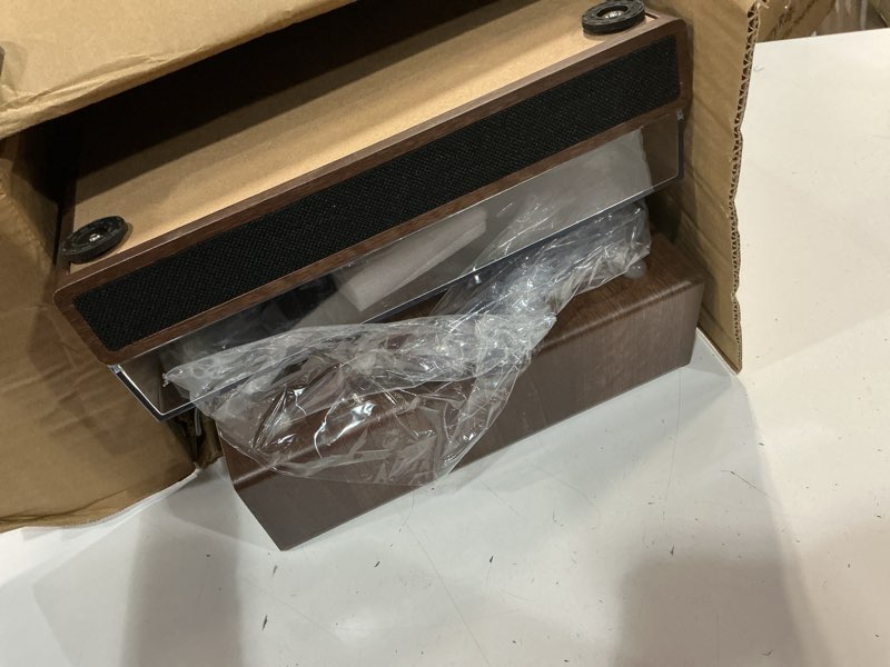 Condition photo showing As Is for vinyl record player with dual stereo bookshelf speakers vintage turntable with bluetooth wireless playback belt drive 3-speed playback record player support rca out auto stop wooden