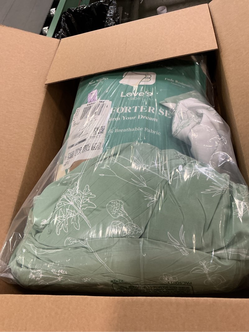 Condition photo showing As Is for Love's cabin Sage Green Comforter Set Queen - Queen Size Comforter Set, 3 Pieces Cute Floral Bedding Sets for All Seasons,1 Soft Reversible Botanical Flowers Comforter and 2 Pillow Shams Queen (90"x90") 01 - Sage Green