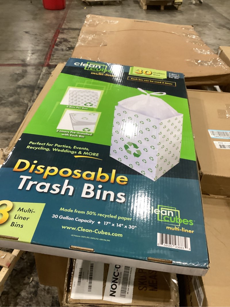 Condition photo showing New/Like New for 30 Gallon Disposable Pop-Up Trash Cans (3-Pack, Multi-Liner) with Fitted Bags – Foldable Garbage & Recycling Bins for Parties, Events & Kitchen (Recycle 30" H x 14" W x 17" D)