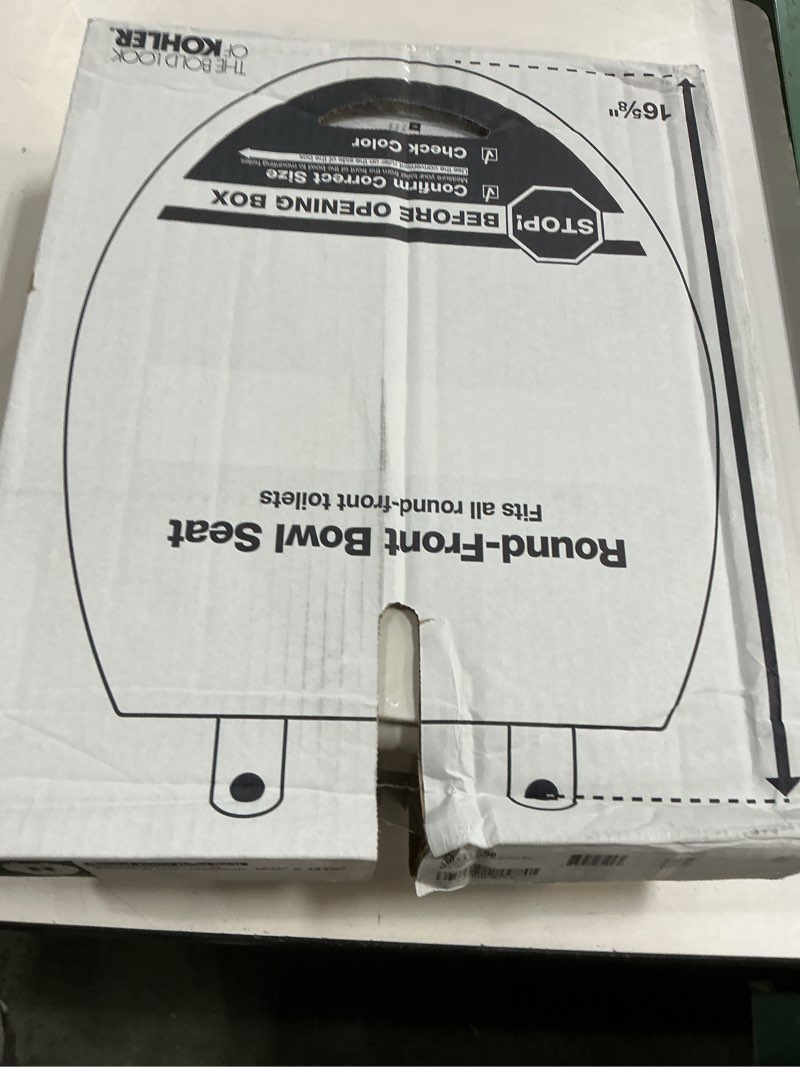 Condition photo showing New/Like New for kohler 20111-96 brevia, slow close toilet seat, round toilet seat, grip-tight bumpers quick-attach hardware, biscuit biscuit round quiet-close
