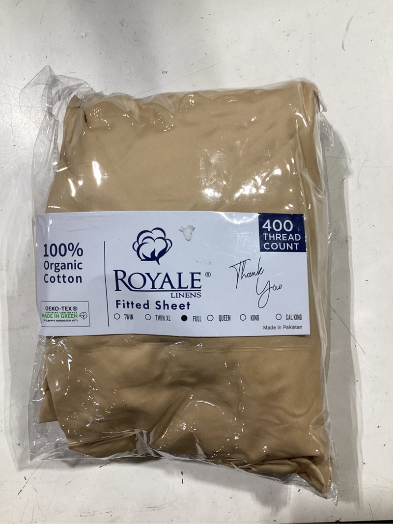 Condition photo showing As Is for royale linens 400 thread count full size fitted sheet only - 100% cotton bed fitted sheet - luxury sateen weave - all around elastic deep pocket - soft & durable bottom sheets - fit up to 16" (sand) moroccan sand full