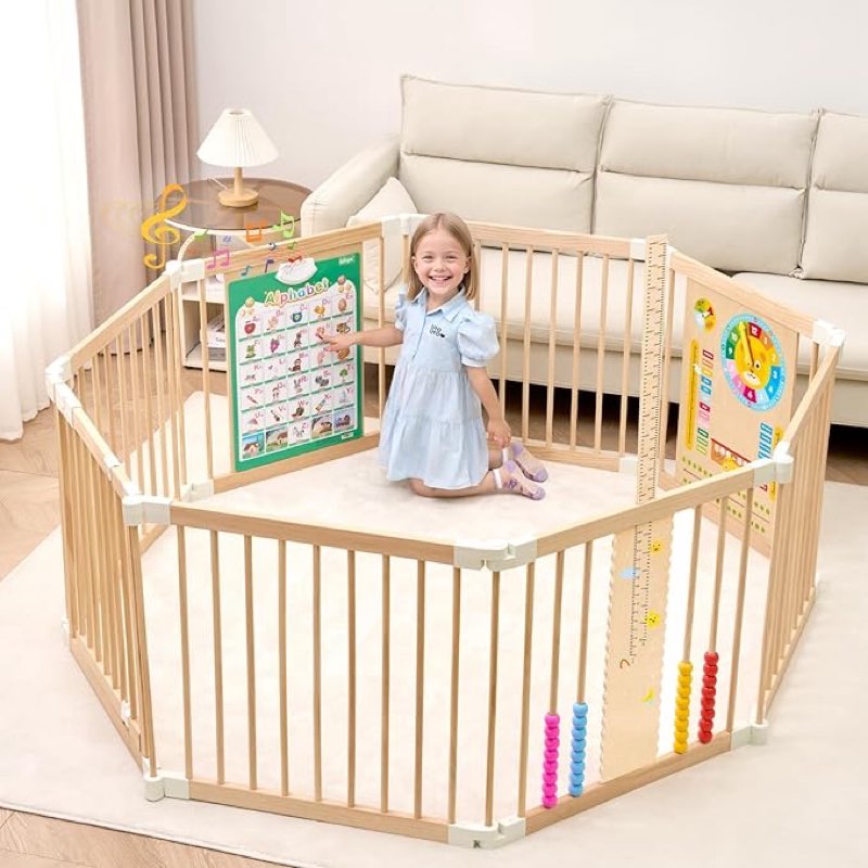  Foldable Wooden Playpen, Baby Wood Play Pen with Sound Book & Height Chart, Toddler Play Area with Educational Panel (Weather, Months, Numbers) for Babies and Toddlers(8-Panel)
