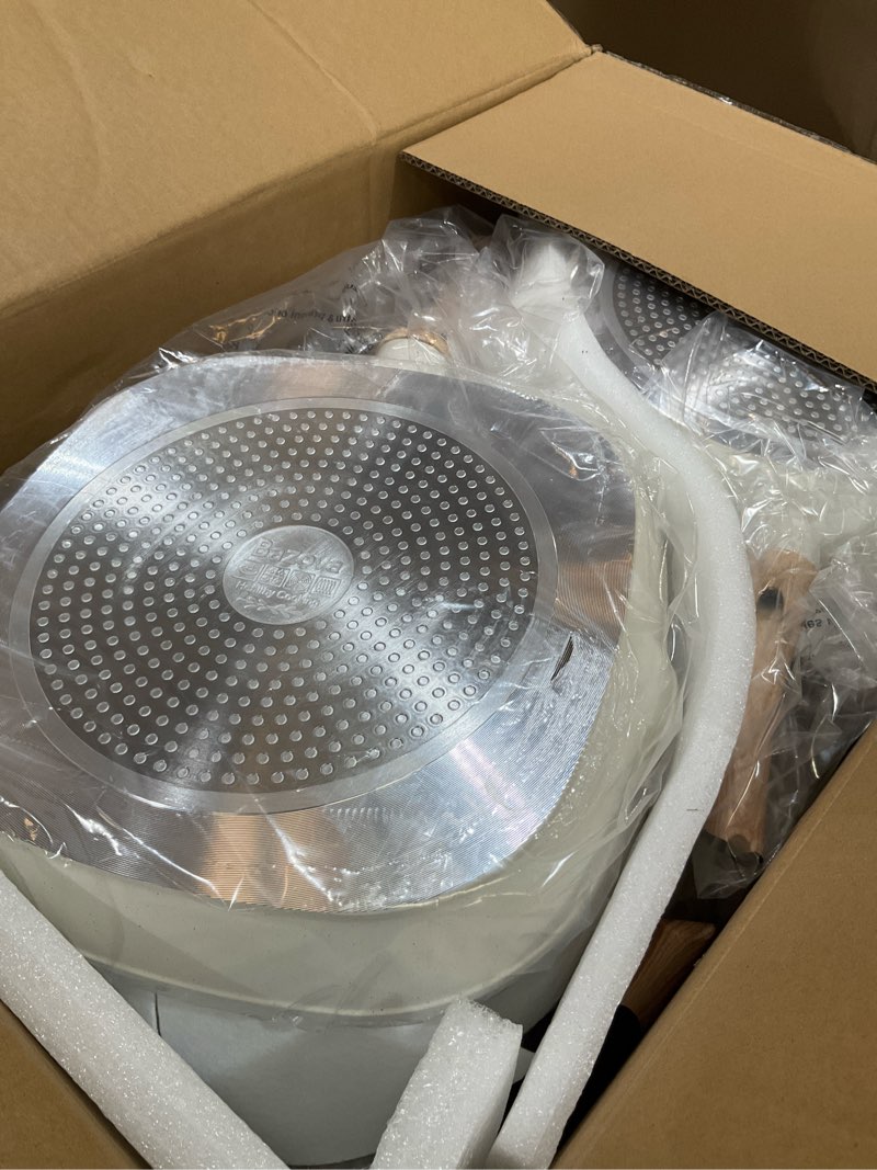 Condition photo showing Good Condition for 25pcs pots and pans set non stick ceramic cookware set, healthy non toxic kitchen cookware with mini egg pan, large capacity, induction compatible, pfas/ptfe/pfoa/pfos free, cream white