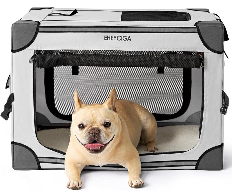 EHEYCIGA Collapsible Dog Crate 26” Soft Portable for Small Dogs 4-door Mesh Grey