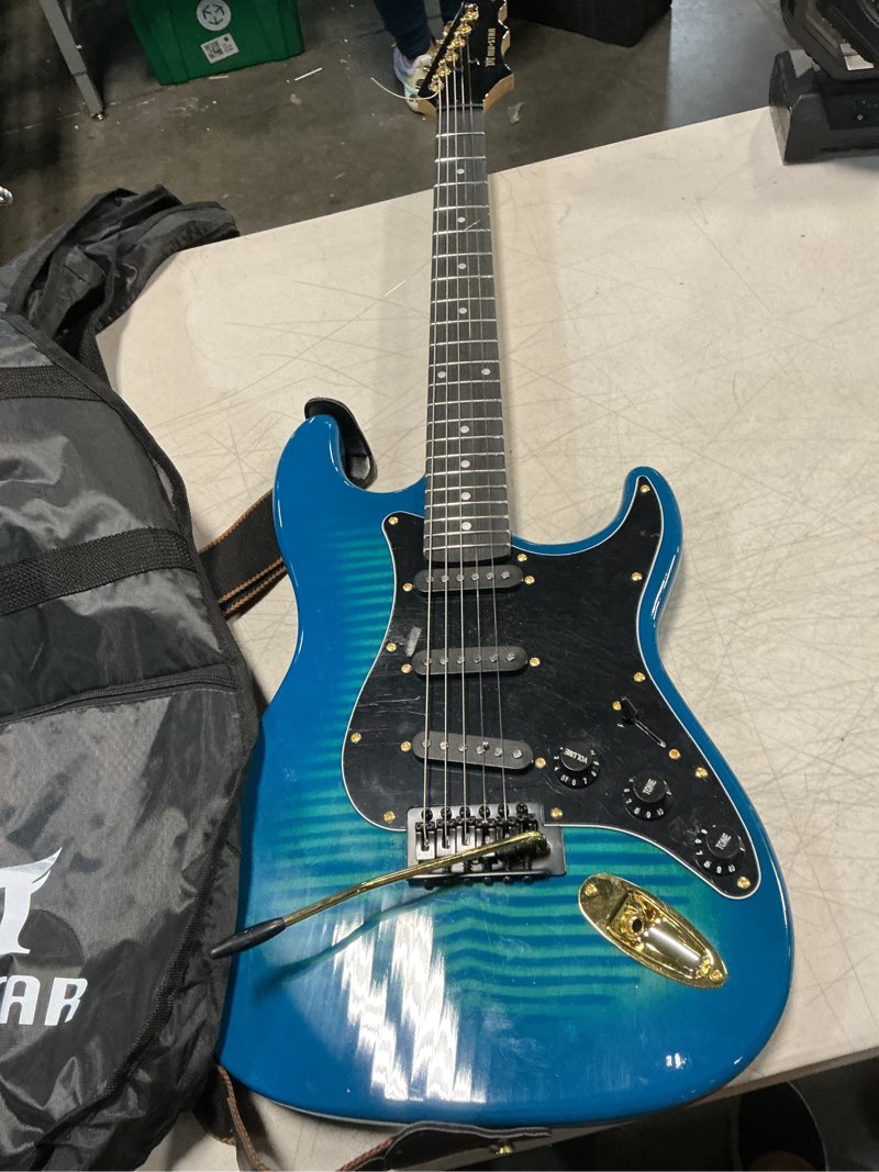 Condition photo showing As Is for mustar 39 inch electric guitar kit, full size solid wood electric guitar | blue electric guitar kit with 25w amplifier, gig bag, capo, strap, cable, picks, birthday holiday gifts for beginner