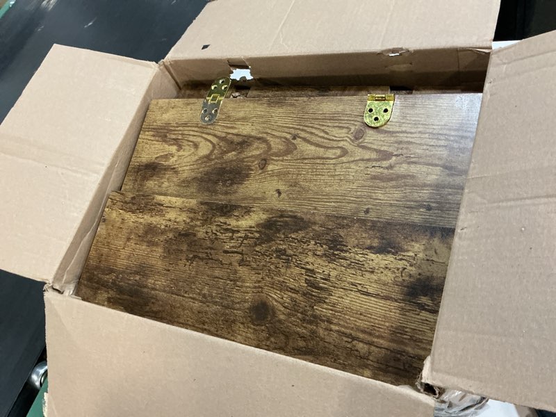 Condition photo showing As Is for hadulcet c shaped end table with charging station & foldable tabletop, folding tv tray table with storage, laptop table for couch, c table for sofa, living room bedroom small spaces, rustic brown rustic brown 1