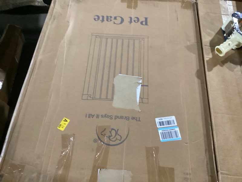 Condition photo showing New/Like New for 36" height adjustable dog gate 28-36.25", easy walk thru auto close metal safety gate for house, easy install pressure mounted adjustable pet gates for doorways, white