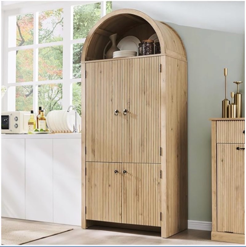 tall arched kitchen pantry, modern fluted wood storage cabinet with doors, adjustable shelves, door shelves, organizer, versatile cupboard for kitchen, color wite