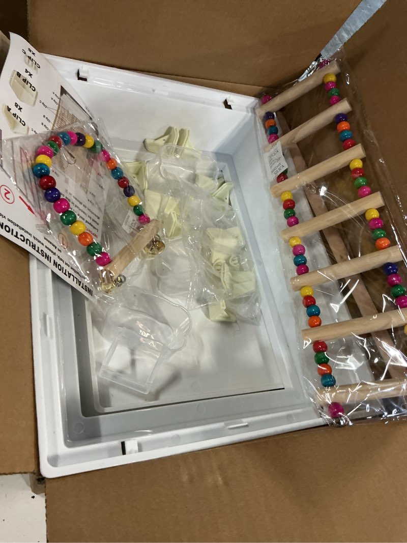 Condition photo showing As Is for basic bird cage, 24.8inch parrot cage (24.8" x 14.6" x 11"),bird cage with ladder, horizontal bar, 2 feeders, and swing