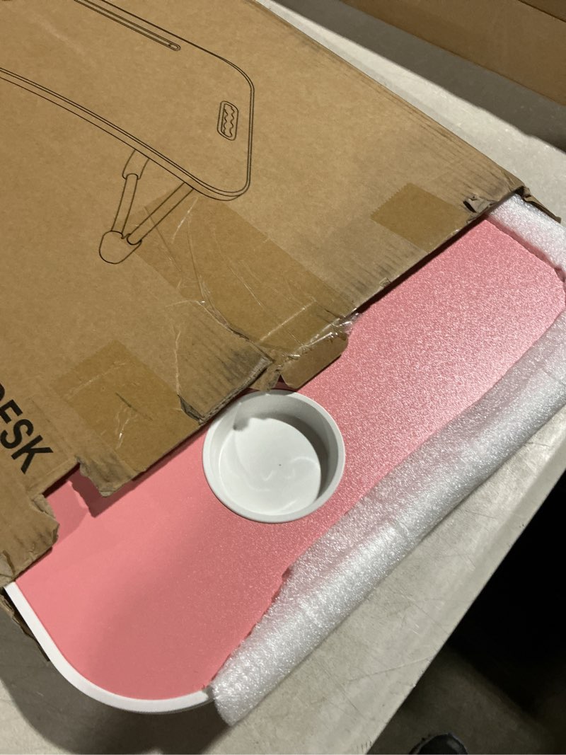 Condition photo showing Good Condition for foldable laptop table, portable lap desk bed table tray, laptop stand with cup holder & tablet slot & lifting handle for working writing drawing & eating (pink)