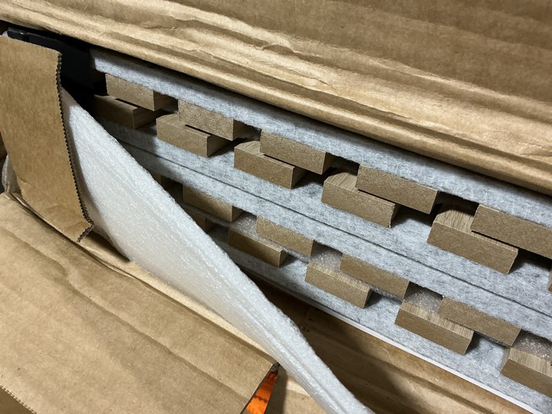 Condition photo showing Good Condition for MISSDAY Wood Slat Acoustic Wall Panels, 4 Packs 94.5" x 12.6" Grey-Oak Soundproof Panel For Interior Wall Decor Noise Absorbing-3D Textured Wooden Panel Sound-Absorbing for Home, Office, Studio 4 Pcs - 94 x 12 in. Grey Oak