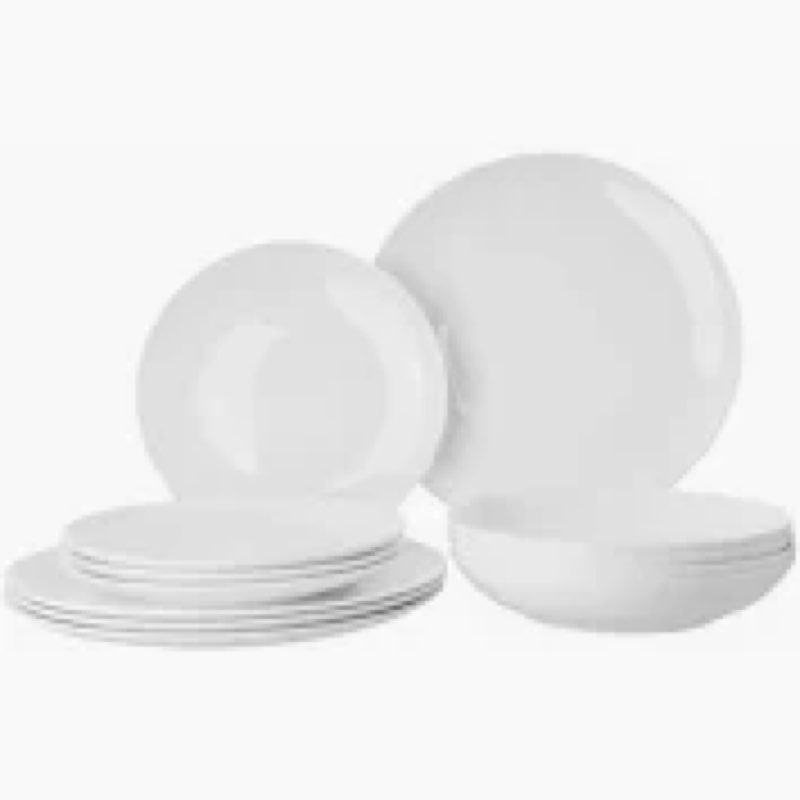 MEICHU Bone China 12 Pieces Dinnerware Set Service for 4, White round Plates and Cereal Bowls Dishes
