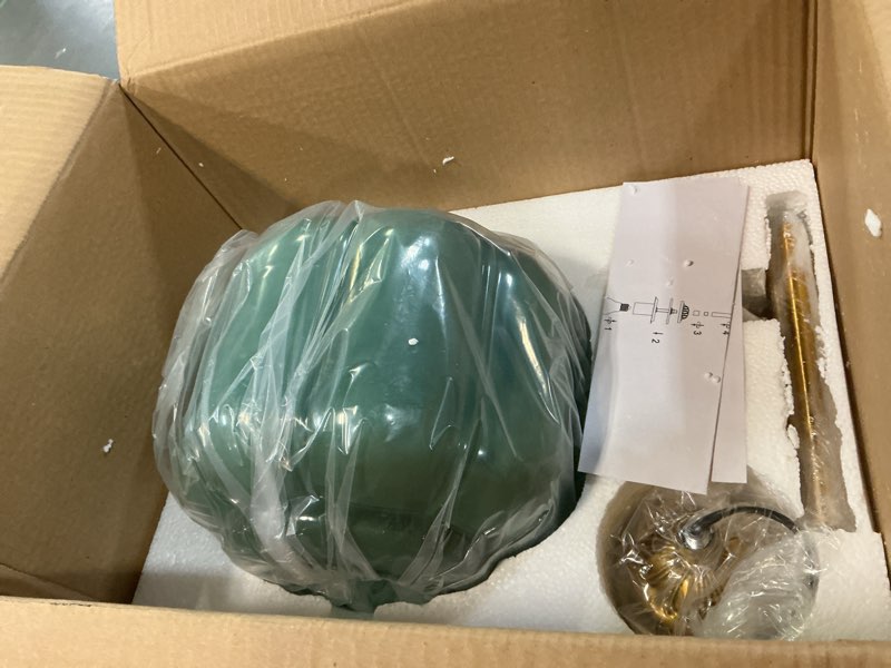 Condition photo showing As Is for Milk Glass Ceiling Light Fixture - Antique Brass Semi Flush Mount Pendant Light for Kitchen, Hallway, and Bedroom (Green, 9 inch) Green 9 inch