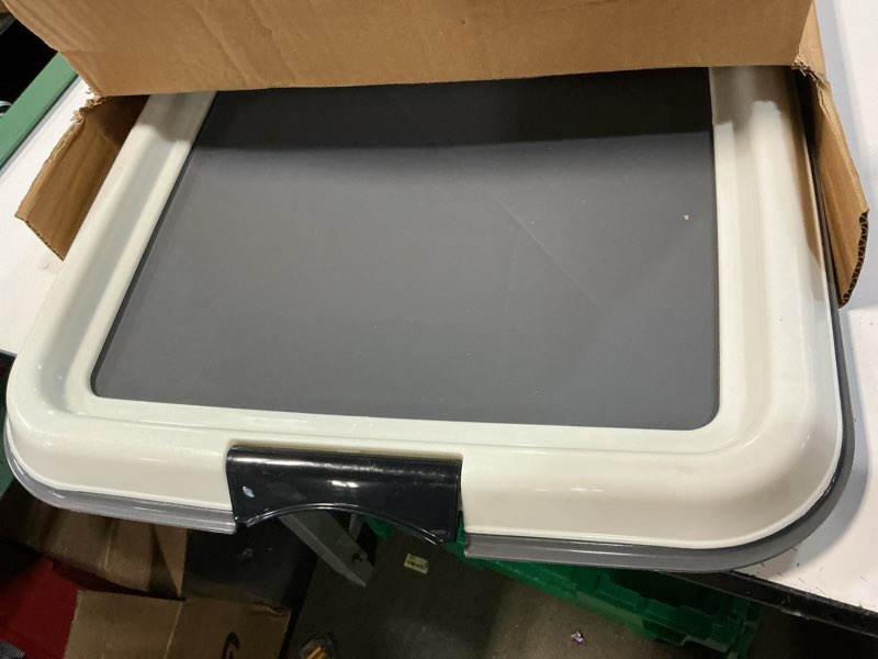 Condition photo showing As Is for iris usa pee pad holder for dogs and puppies, potty training tray with secured latches, non-skid feet, leak protection, easy clean surface, fits 14"x17" puppy pads size, dark gray dark gray 14" x 17"